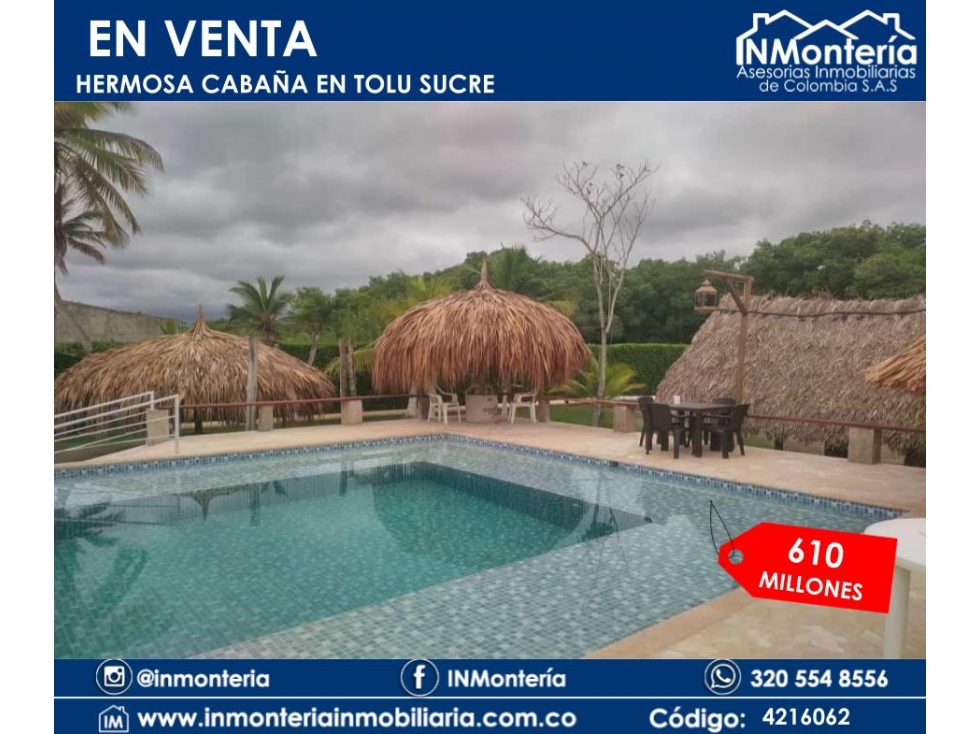 SE VENDE HERMOSA CABAÑA EN TOLU SUCRE